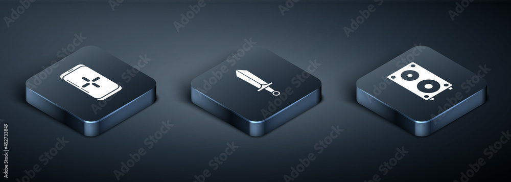 Poster set isometric smartphone and playing in game, stereo speaker and sword for game icon. vector