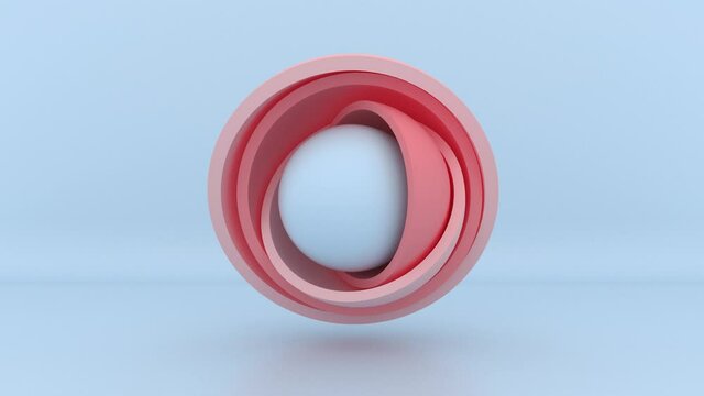 Minimal 3d motion design, ball hidden inside pastel pink hemispheres, opening layers. Abstract geometric objects. Live image, modern animated poster. 