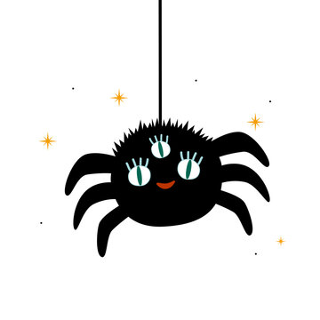 Cute spider. Childrens character for halloween. Cute print for happy Halloween party. Ideal for card, poster, menu, kids room decoration. Vector illustration in flat style