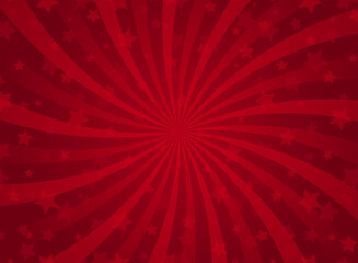 Sunlight spiral horizontal background. Scarlet red color burst background with shining stars.