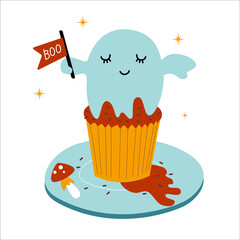 Cute childish halloween ghost cupcake on a plate, creepy scary food. Cute print for happy Halloween party. Ideal for card, poster, menu, kids room decoration. Vector illustration in flat style