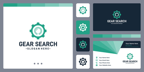 Gear logo design template with magnifying glass graphic design vector illustration.