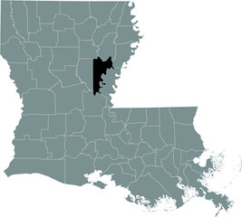 Black highlighted location map of the Catahoula Parish inside gray map of the Federal State of Louisiana, USA