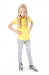 Full length of adorable pretty smiling girl looking down, Isolated on white background
