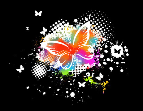 Abstraction multicolored butterflies. Paint spots. T-shirt print. Vector illustration