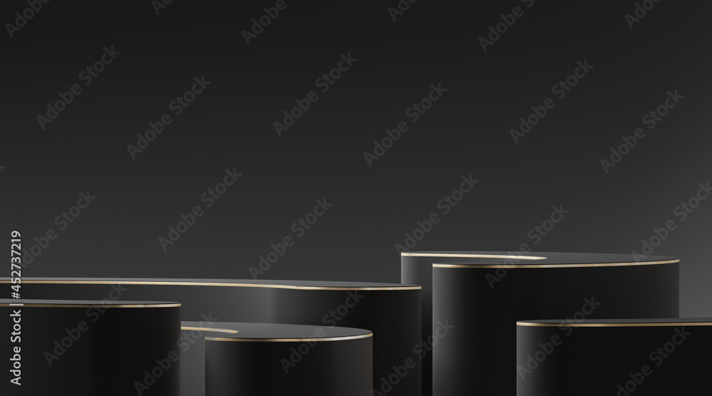 Poster minimal abstract background for product presentation. black podium with golden rim on black backgrou