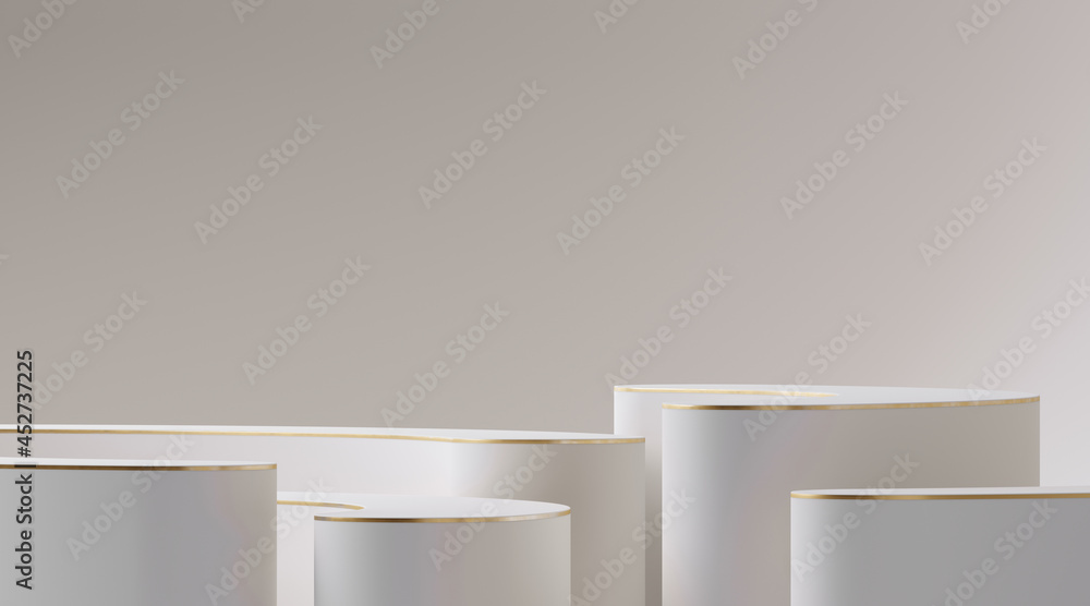 Poster minimal abstract background for cosmetic product presentation. black podium with golden rim on white