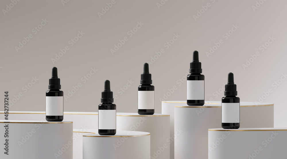 Poster minimal abstract background for cosmetic product presentation. black podium with golden rim on white