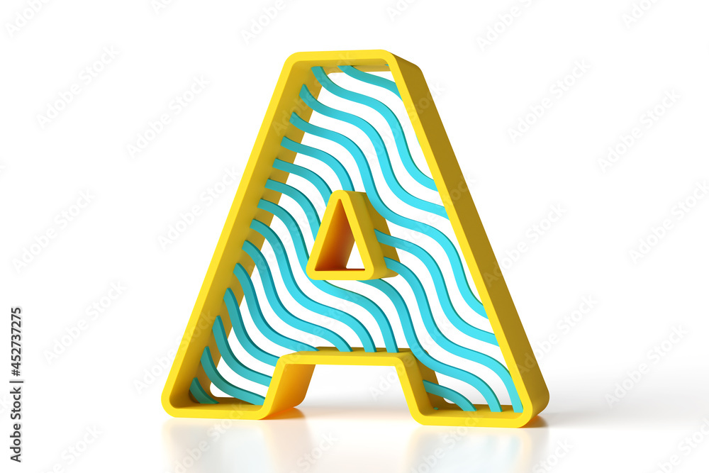 Poster letter a uppercase yellow and blue matte painted with a pattern made of wave lines. hi-res and reali