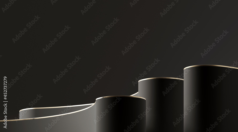Poster minimal abstract background for product presentation. black podium with golden rim on black backgrou