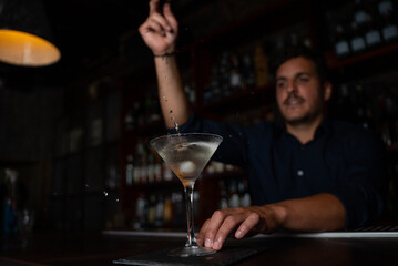 Soft focus of man dropping ice into glass while preparing martini cocktail during work in dim pub.