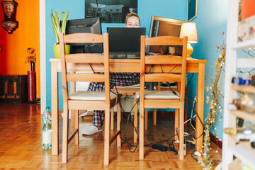 Woman working from home dressed pajama