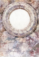 A round stone frame on a wall made of marble blocks. Round portal on an ancient wall. Gray-purple marble painted in watercolor.