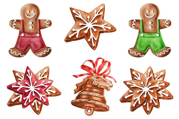 Fototapeta na wymiar A set of Christmas gingerbread stars, bell, gingerbread men. Watercolor illustration. Closeup. Hand drawn.