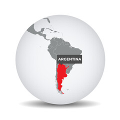 World globe map with the identication of Argentina. Map of Argentina. Argentina on grey political 3D globe. South america map. Vector stock.