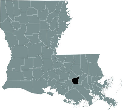 Black highlighted location map of the St. James Parish inside gray map of the Federal State of Louisiana, USA