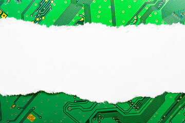 Blank white piece of paper on a printed circuit board background. Label for your individual text.