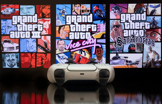 GTA Trilogy (III, Vice City and San Andreas) on TV screen with Playstation 5 game controller, 24th Aug, 2021, Sao Paulo, Brazil