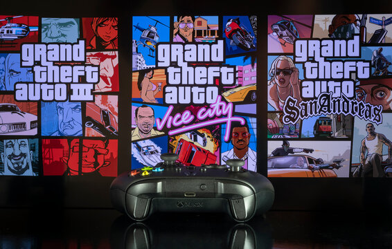 GTA Trilogy (III, Vice City and San Andreas) on TV screen with Xbox game controller, 24th Aug, 2021, Sao Paulo, Brazil