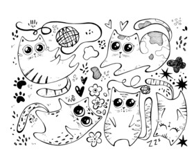 vector doodle illustration of cute kittens. hand drawing of a cat. children's book illustration
