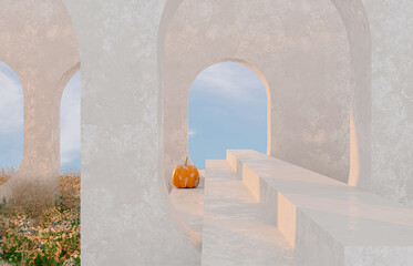 Abstract autumn landscape scene with Product stand and pumpkins.