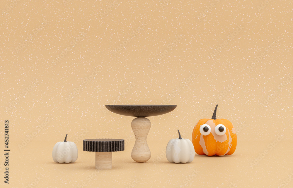 Aufkleber autumn scene with product stand and pumpkins. halloween concept. 3d rendering background.