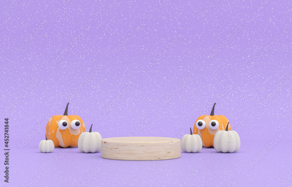 Poster Autumn scene with product stand and pumpkins. Halloween concept. 3d rendering background.