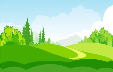 Obraz premium Summer green fields with grass,trees,white cloud and blue sky . background landscape.vector illustration.