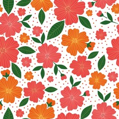Seamless vintage pattern . orange and coral flowers and dots, green leaves on a white background. vector texture. a trend template for fashionable prints.