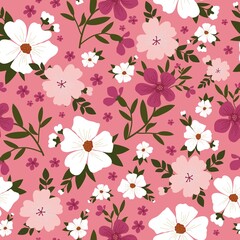 Seamless vintage pattern. wonderful white, pink and burgundy flowers, green leaves on a pink background. vector texture. trend print for textiles and wallpaper.