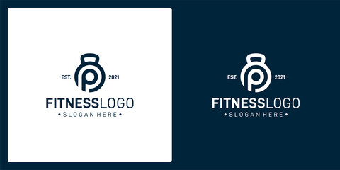 Creative barbell logo design template with initial letter P graphic design vector illustration.