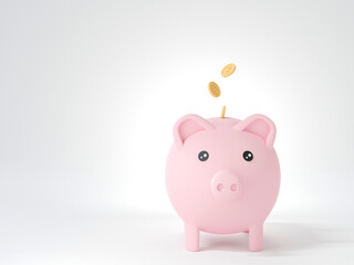 3D Piggy bank and gold coins floating on white background. Financial and saving money concept. 3D render illustration.