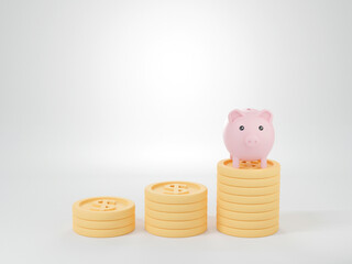 3D Piggy bank on gold coins stack growth on white background. Financial and saving money concept. 3D render illustration.