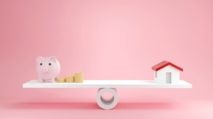 3D minimal piggy bank, coins stack and house on seesaw or weighing scales balance. Loan, financial and money saving concept. 3D render.illustrations.