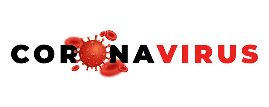 Coronavirus 2019-nCoV Inscription with 3d virus model and blood cells on white background. Pathogen organism. Covid-19 epidemic infectious disease. Cellular infection