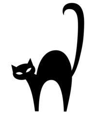 Silhouette of a black cat isolated on white background. Simple style. The animal stands sideways with its tail raised. Vector.