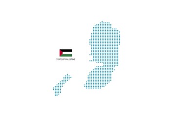 State of Palestine map design blue circle, white background with State of Palestine flag.
