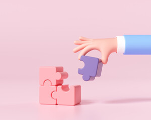 Cartoon hands connecting jigsaw puzzle. Symbol of teamwork, cooperation, partnership, Problem-solving, business concept. 3d render illustration - obrazy, fototapety, plakaty