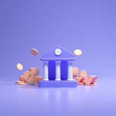 Financial concept. bank deposits and withdrawal, transactions, bank service. coins falling, and bank with cartoon style on blue background. 3d render illustration