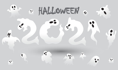 Halloween seamless pattern design with ghost, skull, pumpkin and black cat
