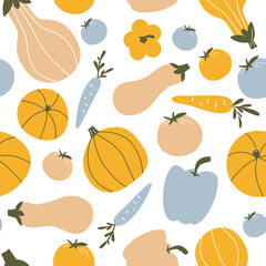 Seamless Pattern.Colorful Vegetables White Background. Vector Illustration