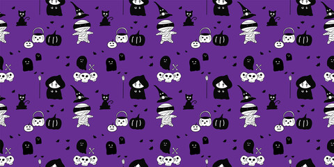 Halloween seamless pattern design with ghost, skull, pumpkin and black cat