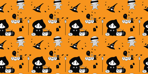 Halloween seamless pattern design with ghost, skull, pumpkin and black cat