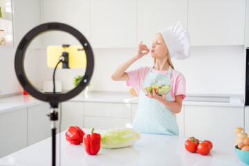 Profile side photo of young little girl show fingers perfect gourmet tasty meal recipe shooting...