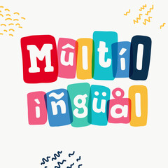 Multilingual lettering typewriter-inspired with bold slab serif symbols in colorful frames.