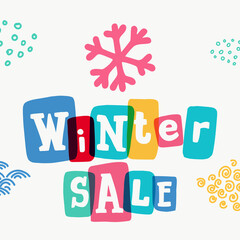 Winter SALE lettering typewriter-inspired with bold slab serif symbols in colorful frames.