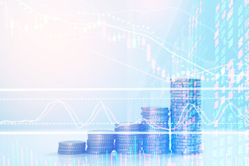 Double exposure financial graph data and stock indicator including stock education or marketing analysis. Abstract financial background.