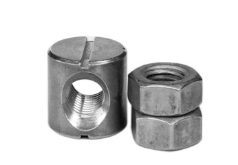 Metal nut with metric thread over white background