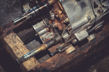 Motorcycle engines awaiting maintenance and engine repair.