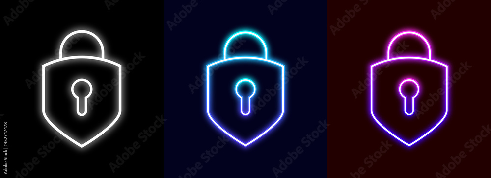 Poster set of three padlock symbol design with glowing neon style. vector